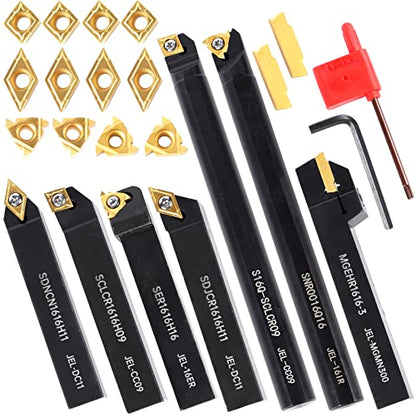 Lathe Turning Holders Threading Tools Threading Holders 21pcs - Metal Lathe Cutting Tools 7pcs 5/8" Boring Bar Set+14pcs Indexable Carbide Inserts Golden for Lathe Tools - color: 5/8" turning holder kits