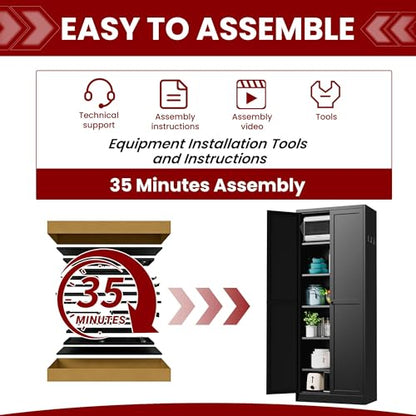 AQY Metal Pantry Cabinet, 72" Black Kitchen Storage Cabinet with Doors - color: Black, style: H72" - 2 Doors Hooks & Vents