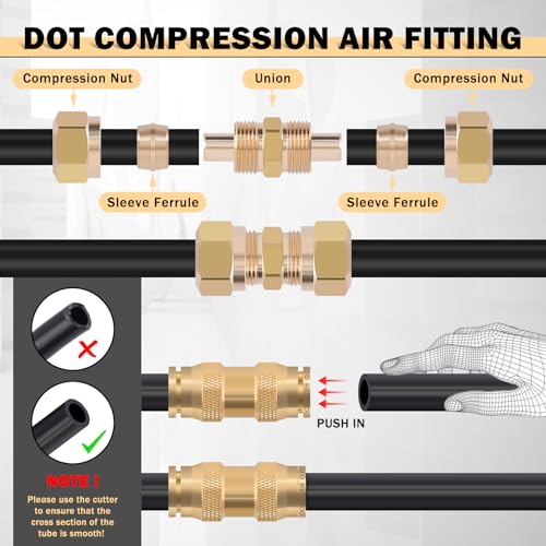 CheeMuii 100 PCS Brass DOT Air Line Fittings with 1/4" & 3/8" DOT Air Hoses - size: 2ROLL-104PCS