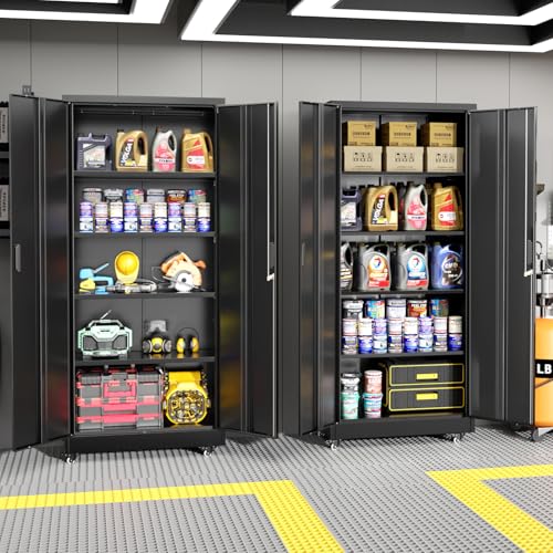 Greenvelly 73" Metal Storage Cabinet with Wheels, Lockable Rolling Metal Garage Cabinets with 2 Doors and 4 Adjustable Shelves, Rolling Tool Cabinet for Garage, Home Office, School - color: Black, style: 73"H-Wheels