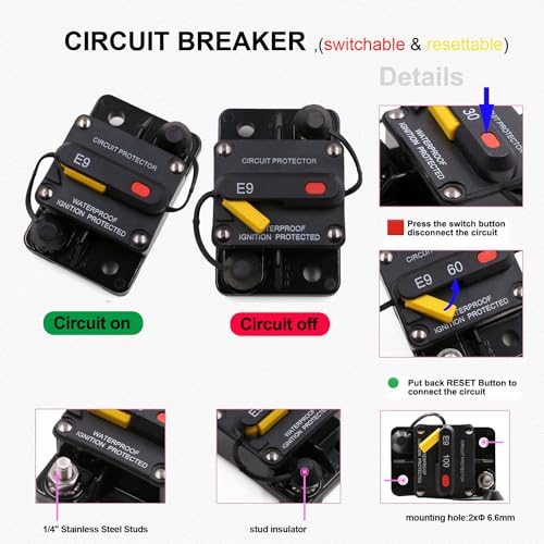 E9 1/4" Studs 40A Amp Circuit Breaker w/Recessed Switch Button UL - size: Recessed Button-40A