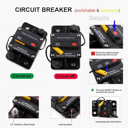 E9 1/4" Studs 40A Amp Circuit Breaker w/Recessed Switch Button UL - size: Recessed Button-40A