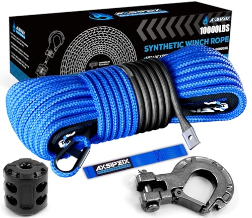 Synthetic Winch Rope Kit, 1/4" x 50ft 10000LBS Blue Winch Cable with Protective Sleeve, Forged Winch Hook, Rubber Stopper and Safety Pull Strap for ATV UTV - color: 1/4"x50ft(Blue)-10000lbs