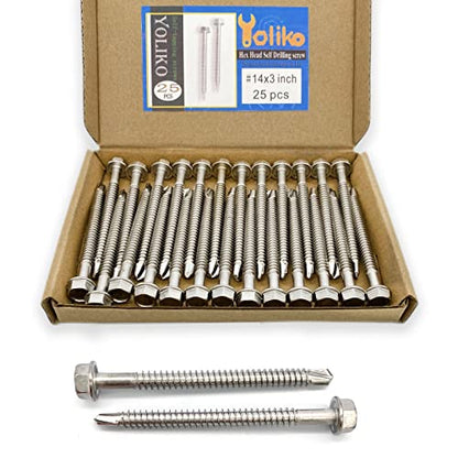#14 x 3 (1" to 3" Available) Hex Washer Head Self Drilling Screws, 410 Stainless Steel, Self Tapping Sheet Metal Tek Screws, 25 PCS - size: 25 Pcs #14 x 3"