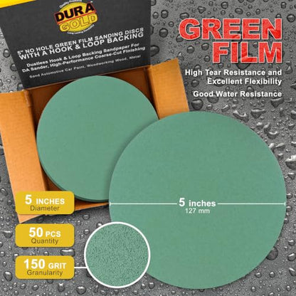 Dura-Gold 5" Green Film Sanding Discs, 150 Grit, Box of 50, Hook & Loop - size: 150-Grit