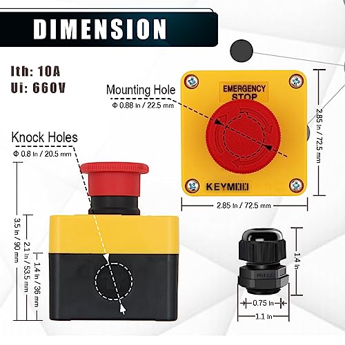 2-Packs Emergency Stop Push Button Switch,10A 660V with Waterproof Box IP65, 2pcs PG13.5 Black Connectors (1NO 1NC, 2)