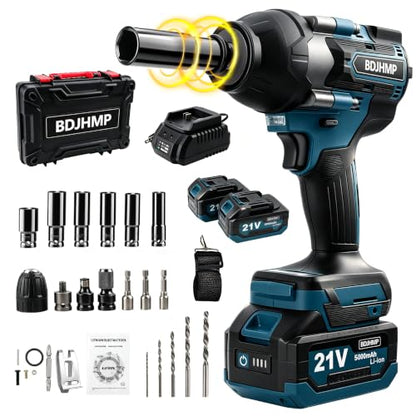 Cordless Impact Wrench 1/2 Inch, Brushless Impact Gun 1500 N.m/1106ft-lbs - color: Blue With Battery