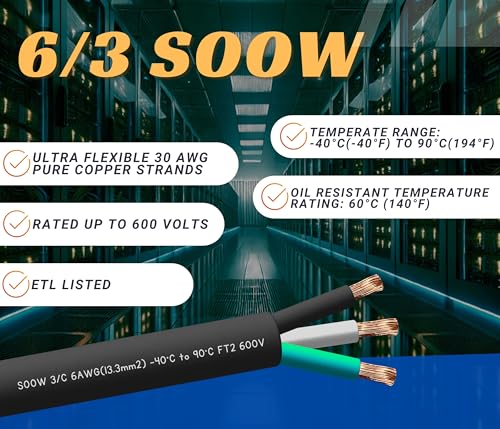 25 Feet 6/3 SOOW Cable Cord 6 AWG 3 Conductor SO Wire - 6 Gauge 3 Conductor (6/3 Wire) 600V Portable Power Extension Cable for EV Chargers, Motor Leads, Portable Lights, Battery Chargers, Welding - size: 25 Ft.