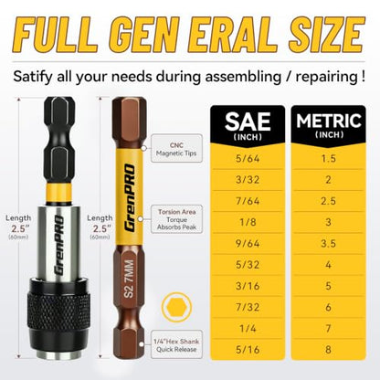 GRENPRO 2.5" Allen Wrench Drill Bit Set, 21-Piece Metric & SAE Hex Bits Set - color: Yellow