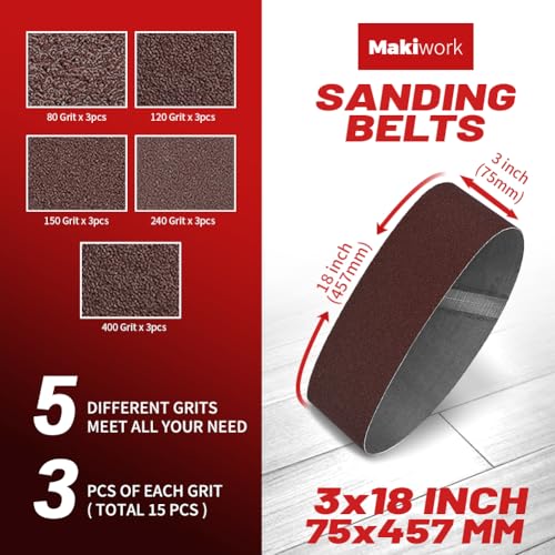 3 x 18 Inch 75 x 457 mm Sanding Belts Set - 15-Pack with 80/120/150/240/400 Grits, Aluminum Oxide Abrasive Belts for Woodworking - size: 3 x 18(15pcs)