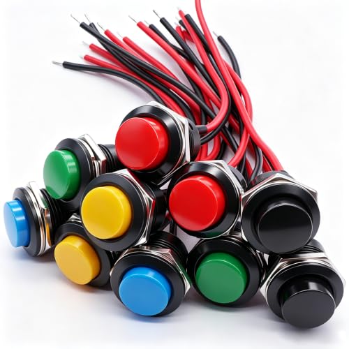 Twidec/10Pcs Momentary Push Button Switch SPST AC250V/3A AC125V/6A Mini Off(ON) ON 5 Colour with Pre-soldered Wires R13-507-5C-X - color: multicoloured-16mm, size: Momentary