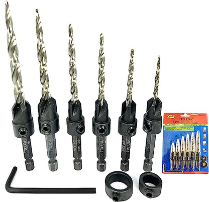 FTG USA 6 Pc Wood Countersink Set #4#6#8#10#12#14 w/ 2 Depth Stop Collars - size: #4#6#8#10#12#14, style: with Depth Stop