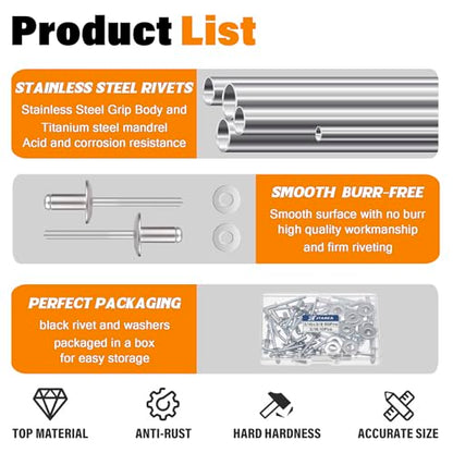 60pcs 3/16" x 3/8" Stainless Steel Pop Rivets with Stainless Steel Washers 4.8 x 10mm Blind Rivet Assortment Kit - size: 3/16*3/8