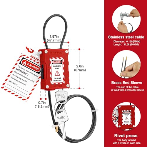 Lockout Tagout Cable Locks with 2 Keys | OSHA Compliant Adjustable 0.16"x78.7" PVC Steel Cable | for Valves, Panels & Machinery | Nylon PA66 Loto Padlock with 3 Tags - color: BD-LG81KD-2M