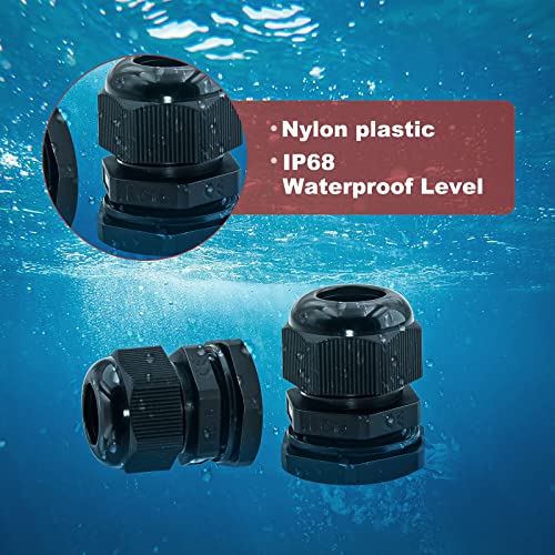 60 Pack Cable Glands Waterproof Adjustable 7/64”-5/8” (3mm-16mm), Black Nylon Joints with Gaskets, Cable Strain Relief Cord Connector Kit, Pg 7, Pg 9, Pg11, Pg 13.5, Pg16, Pg19