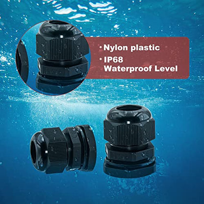 60 Pack Cable Glands Waterproof Adjustable 7/64”-5/8” (3mm-16mm), Black Nylon Joints with Gaskets, Cable Strain Relief Cord Connector Kit, Pg 7, Pg 9, Pg11, Pg 13.5, Pg16, Pg19