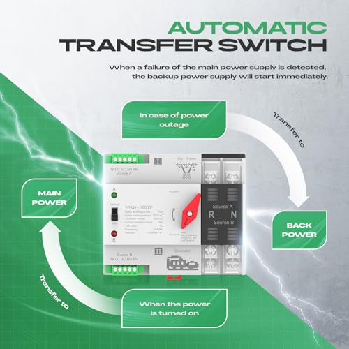 Automatic Transfer Switch 100A AC 220V, Dual Power ATS 2P Automatic/Manual Transfer Switch din Rail mounting for Home Generator, RV，Public/Backup Power Supply - size: Automatic Transfer Switch 2P 220V