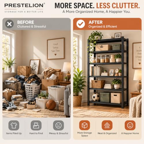Metal Book Shelf, Adjustable Tall Bookcase, No Assembly Storage Shelves - size: 5Tier-35.4"Wx 17.7"Dx 71.2"H