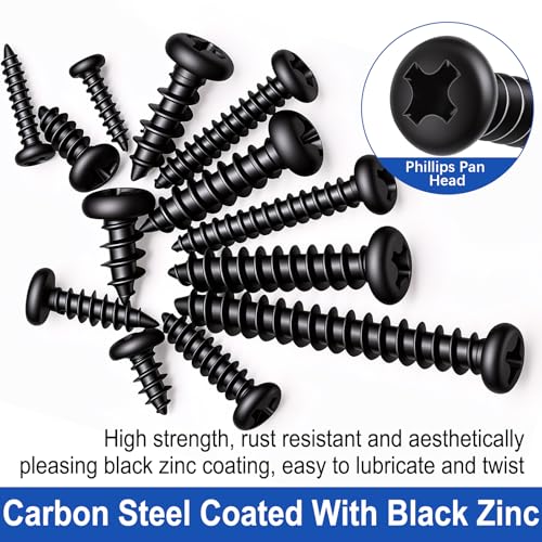 Taiss 350PCS #6#8#10 Phillips Pan Head Self Tapping Screws for Plastic,Self-Tapping Wood Screws Assortment Kit 14 Sizes Cross Recessed Carbon Steel Black Screws for Wood,Plastic - size: 350PCS
