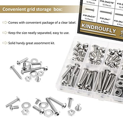 152 Pieces #10-24 x 1/4", 5/16", 3/8", 1/2", 5/8", 3/4", 1", 1-1/4", Button Head Socket Cap Screws Nuts Washers Assortment Kit, 304 Stainless Steel, Fully Machine Thread - size: #10-24, style: Button Head