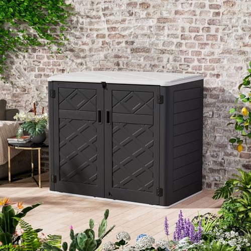 Mrosaa Resin Outdoor Storage Shed, 38 cu.ft Outdoor Storage Box Waterproof for Garden Tools, Patio Furniture, Trash Cans, Garage Storage, Lockable (Black) - color: Black-White 48Cu.ft