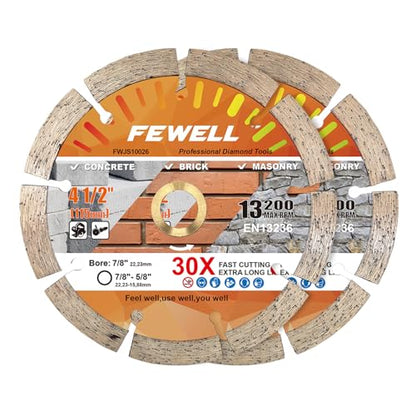 FEWELL 4 1/2 Inch Diamond Concrete Saw Blade,Segmented Concrete Blade for Angle Grinder Dry/Wet Cutting Masonry Brick Block Stone with 7/8"-5/8” Arbor - size: 4.5"