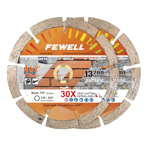 FEWELL 4 1/2 Inch Diamond Concrete Saw Blade,Segmented Concrete Blade for Angle Grinder Dry/Wet Cutting Masonry Brick Block Stone with 7/8"-5/8” Arbor - size: 4.5"