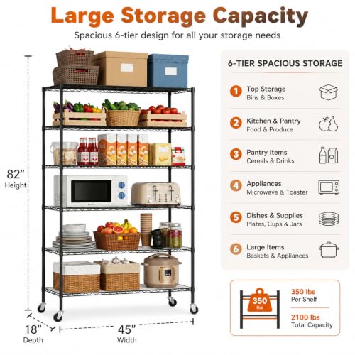 Meet perfect 6-Tier Rolling Shelving Unit with PP Board Shelves - color: Black, size: 6-Tier, 82"H x 45"W x 18"D,PP Shim