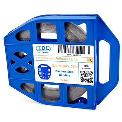 IDL Packaging 3/4" x 100' x .030" Stainless Steel 304 Banding in Plastic Self-Dispensed Case - Salts, Chemicals, Moisture, UV Rays, and Extreme Temperatures Resistant Banding with High Break Strength - size: 3/4" x 100' x 0.030", style: 304 stainless stee