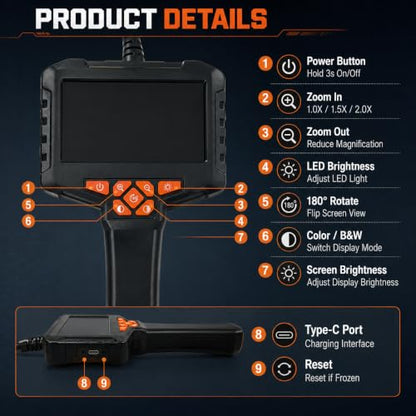 50FT Borescope Camera with Light, 4.3" Screen Inspection Camera, No WiFi - size: 4.3''Single Lens 50FT