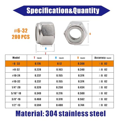 #6‑32 Lock Nut, 200Pcs 304 Stainless Steel Nylock Insert Locking Nuts - size: #6-32（200 pcs）