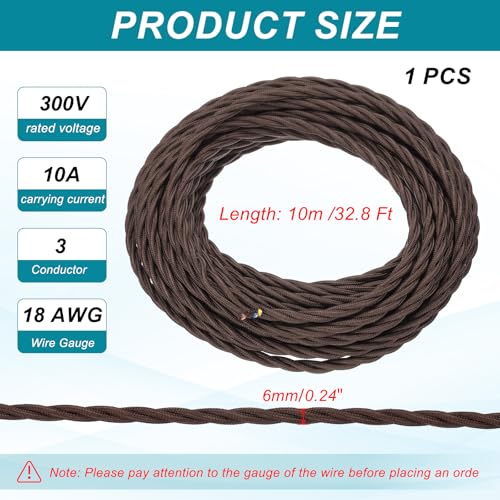 MECCANIXITY 32.8Ft Twisted Cloth Covered Wire, 18/3 Cloth Covered Electrical Wire Vintage Industrial Electronic Wire Cloth Cord Cable for Pendant Light DIY Project, Dark Brown - color: Dark Brown, size: 32.8Ft