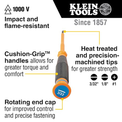 Klein Tools 6273INS Insulated Precision Screwdriver, 1/16-Inch Mini Electrician Screwdriver, 1000-Volt Cushion Grip Handle - style: 1/16-Inch Slotted