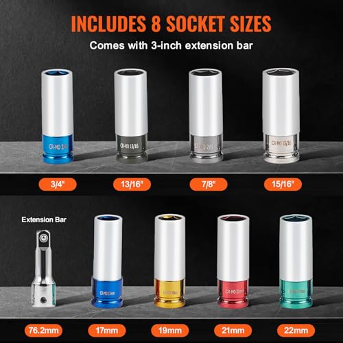 VEVOR 9-Piece Lug Nut Impact Socket Set 1/2 Inch Drive, Metric and SAE, 6-Point, CR-MO, Deep Wheel Protector Impact Socket Set With Storage Case and Extension Bar for Auto Repair - size: 1/2" 9PCS