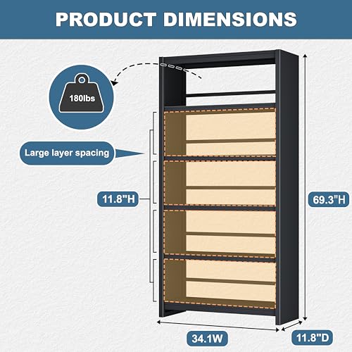 Bookshelf,5 Tier Bookshelves,69" Tall Metal Black Bookcase,Install Simple Bookshelves for Bedroom, Living Room,Home Office/Library (Black) - color: Black, size: 69"H*34"W