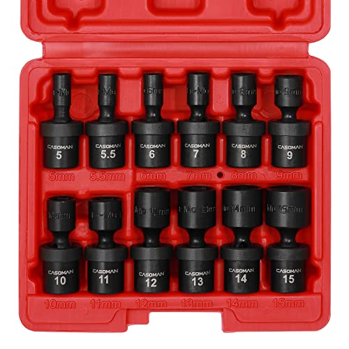 CASOMAN 1/4-Inch Drive Shallow Universal Impact Socket Set, Metric, 12 Pieces Set, 5mm to 15mm, 6-Point, Cr-Mo, Swivel Socket - size: 12 PC Metric 1/4" Dr. (Shallow)