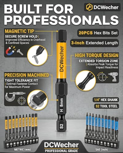 DCWecher 3-Inch Impact Hex Bit Set, 20PCS Long Allen Wrench Drill Bit Set - size: 3" 20-PCS Hex Bits (Metric & SAE)