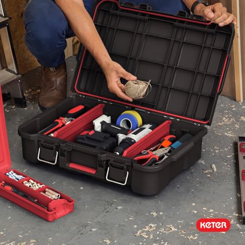 Keter Stack N' Roll Power Tool Case with Removable Dividers - color: Black/Red, size: Power Tool Organizer