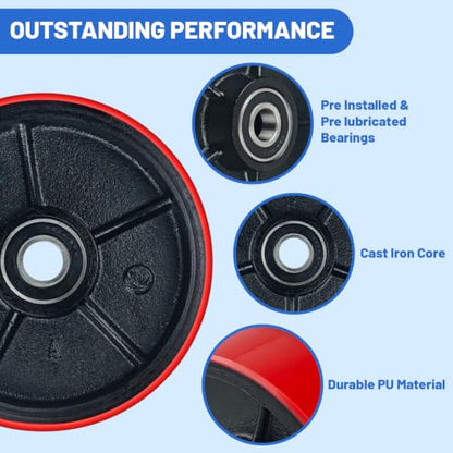 Complete Pallet Jack Wheels Replacement Kit with Axles, Red PU,Heavy-Duty - color: Red, size: 7" X 2" & 3.75" X 3"