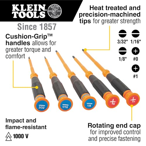 Klein Tools 85615INS Mini Precision Screwdriver Set, 1000V Rated Insulated Screwdrivers with (2) Phillips and (3) Slotted Tips, 5-Piece - style: 5-Piece Kit