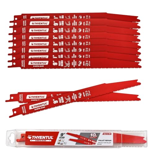 10 Pack 9 Inch 10/14 TPI Bi-Metal General Purpose Reciprocating Saw Blade, for Pallet Repair, Nail-Embedded Wood Demolition, Garden Trimming and Metal