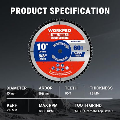WORKPRO 10" Circular Saw Blade, 60T Fine Finish Wood Cutting - size: 10 INCH