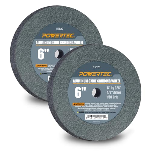 POWERTEC Bench Grinder Wheel 6 Inch 150 Grit, Aluminum Oxide Grinding Wheel for Bench Pedestal Grinder, 3/4" Thick 1/2" Arbor, Sharpening & Shaping Drill Bits, Blade, and Chisel 2PK (15520-P2) - style: 2 PK - 6" AO Wheel 150 Grit, 1/2 Arbor