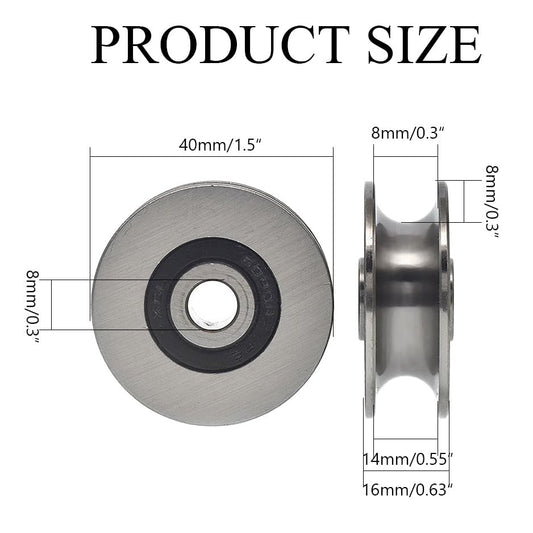 Stainless Steel Deep U-Groove Ball Bearing Pulley, Metal Pulley, Wheel Bearings, Wire Rope Pulley 8mm/0.3" Inner Dia,Outside 40mm Diameter - size: 40MM