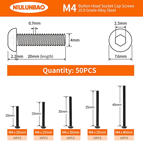 M4 x 20mm 25mm 30mm 35mm 40mm Button Head Socket Cap Screws Bolts, 10.9 Grade Alloy Steel Metric, Black Oxide Finish, Allen Hex Drive, Machine Fully Threaded, Assortment Kit 50PCS - size: M4 x 20/25/30/35/40mm (50PCS)