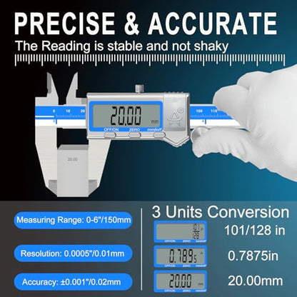 Digital Caliper 6 Inch Measuring Tool Stainless Steel Vernier Caliper Digital Micrometer with Large LCD Screen,Auto-Off Feature, Inch/Millimeter/Fraction Conversion Measuring Tool Caliper