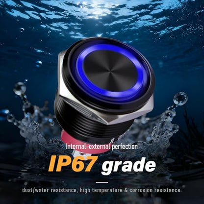 15Amp Latching Push Botton Switch 2PCS,16mm(0.63”) 12V-24V Black Shell AC/DC IP67 Waterproof with Green LED Angel Eye Light On and Off with Wire Socket. - color: green, size: 16mm