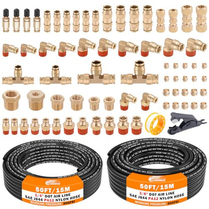 CheeMuii 72 PCS Brass DOT Air Line Fittings with 1/4" & 3/8" DOT Air Hoses - size: 2ROLL-76PCS