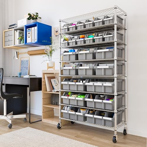 8-Tier NSF 24-Bin Steel Wire Shelving Rack, 36"W x 14.25"D x 63.5"H, Gray - color: Gray, size: 8-Tier Includes 24 Bins