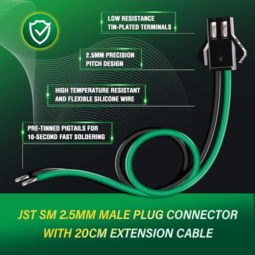 20 Pieces JST SM 2.5mm 2 Pin 20AWG Flexible Silicone Connector Kit - size: 2-Pin, style: JST-SM-M